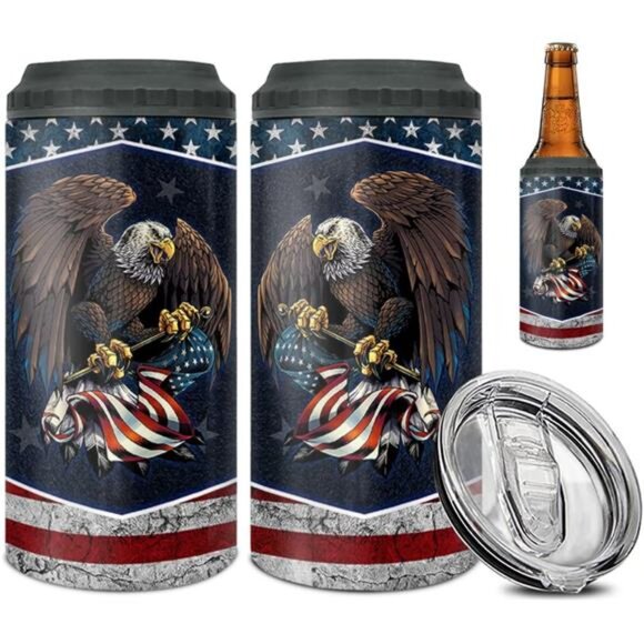 American Flag Can Cooler Tumbler 4-in-1 Eagles America USA Flag